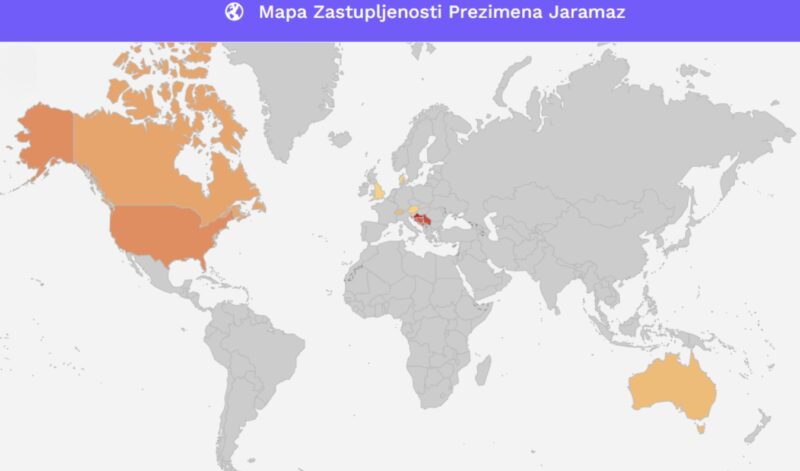 Mapa zastupljenosti Prezimena Jaramaz