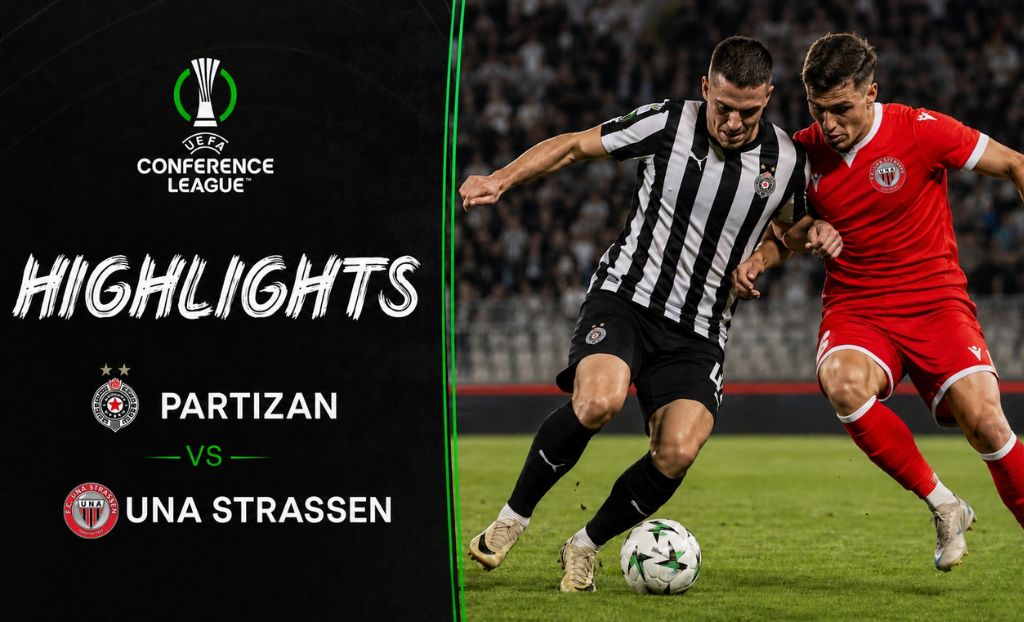 Fudbaleri Partizana i UNA Strassena u borbi za loptu na utakmici UEFA Lige konferencija.